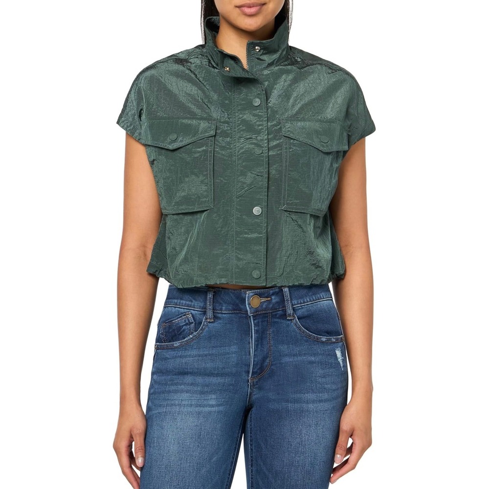 UGG L Quinn Top Forester Green Ripstop Recycled Nylon Zip Snap Crop Sleeveless